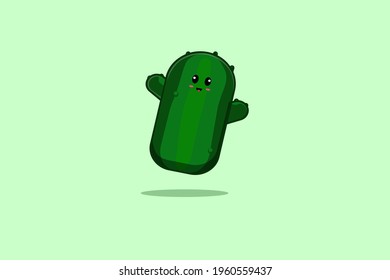 Cute Cartoon Cactus Desert Icon Illustration, Vector Isolated on green background. Kawaii Flat Cactus Cartoon Style