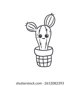 Cute cartoon cactus with eyes on the white background. Funny cactus in doodle style. Vector illustration
