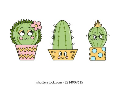 Cute Cartoon Cactus con los ojos puestos. Colección Kawaii de graciosos personajes de cactus al estilo doodle. Ilustración vectorial aislada sobre fondo blanco