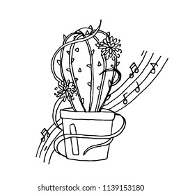 Cute cartoon cactus with a flower hand drawn on a white background. Color book. Fashion in a vector illustration