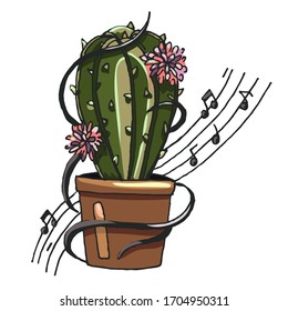 Cute cartoon cactus with a flower hand drawn on a white background. Fashion in a vector illustration