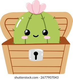 Lindo cactus de dibujos animados con flor dentro de la ilustración de cofre del tesoro de madera