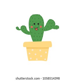 Cute cartoon cactus in a flowerpot on white background.Hand drawn cactus,vector illustration. 