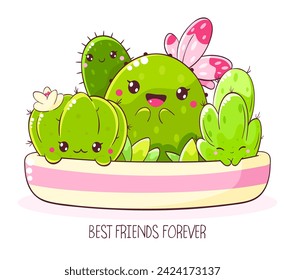 Cute cartoon cactus in flowerpot. Tiny cacti in kawaii style in flower pot. Inscription Best friends forever. Vector illustration EPS8  