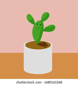 Cute cartoon cactus with funny face in pot