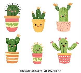 Cute cartoon cactus with funny faces in pots. Plant icon concept, isolated. Set. Flat Cartoon Style.  For cards, invitations or like sticker. Vector.