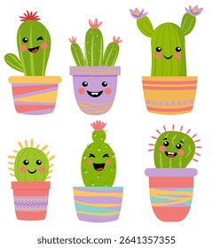 Cute cartoon cactus with funny faces in pots. Plant icon concept, isolated. Set. Flat Cartoon Style.  For cards, invitations or like sticker. Vector.