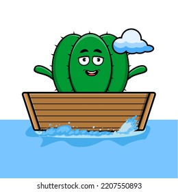 cute cartoon Cactus get on boat in vector character illustration