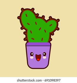 cute cartoon cactus icon with funny face in pot kawaii plant character . Flat design Vector Illustration