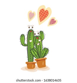 Cute cartoon cactus illustration on a flowerpot showing love, decorative elements, vector illustration in Valentine's Day collection.