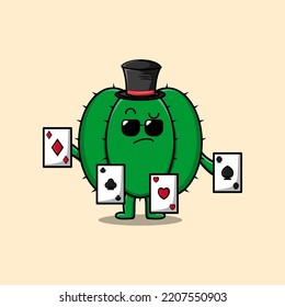 Cute cartoon Cactus magician character playing magic cards in flat cartoon style illustration