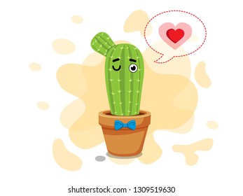 Cute cartoon cactus on flowerpot. Vector illustration decorative element on valentine's day collection
