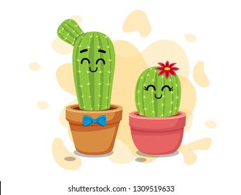 Cute cartoon cactus on flowerpot. Vector illustration decorative element on valentine's day collection