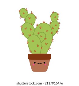 Cute cartoon cactus. Opuntia. Vector illustration, isolated on a white background. Scandinavian style flat design. Concept for children print.