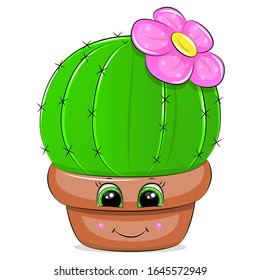 Cute cartoon cactus with pink flower. Vector illustration of plant in flower pot isolated on white.