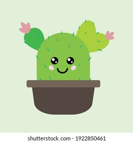 Cute cartoon cactus with pink flowers