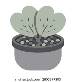 A cute cartoon cactus plant in a gray pot with small rocks on a white background, perfect for design and decoration inspiration