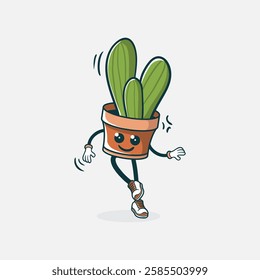 A cute cartoon cactus in a pot is depicted dancing happily with a cheerful expression.