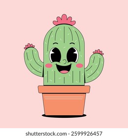 Cute cartoon cactus in a pot, funny and happy illustration