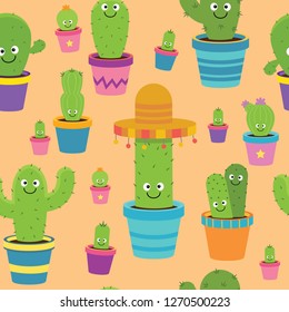 Cute cartoon cactus seamless pattern design with a variety of cactus characters and abstract elements.