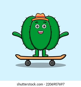 cute cartoon cactus standing on skateboard with cartoon vector illustration style