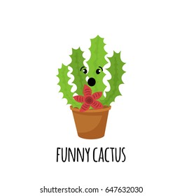 Cute cartoon cactus and succulent with funny face sticker. Smile face succulent plant in flowerpot. Character design cartoon style vector illustration