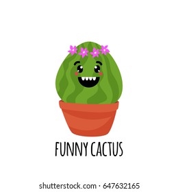 Cute cartoon cactus and succulent with funny face sticker. Smile face succulent plant in flowerpot. Character design cartoon style vector illustration