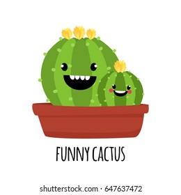 Cute cartoon cactus and succulent with funny face sticker. Smile face succulent plant in flowerpot. Character design cartoon style vector illustration