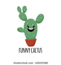 Cute cartoon cactus and succulent with funny face sticker. Smile face succulent plant in flowerpot. Character design cartoon style vector illustration