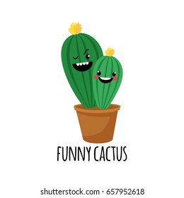 Cute cartoon cactus and succulent with funny face sticker. Smile face succulent plant in flowerpot. Character design cartoon style vector illustration