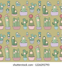 Cute cartoon cactus and succulents in pots. vector illustration. Pattern with cacti