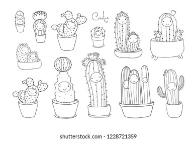 Cute cartoon cactus and succulents in pots. vector illustration. Coloring book with cacti 