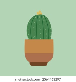 Cute cartoon cactus in a terracotta pot against a mint green background.