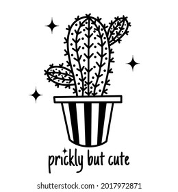 Cute cartoon cactus vector icon. Hand drawn black outline of succulent. Echinopsis in a pot. Doodle of a thorny plant. Cozy illustration with text on a white background. Botanical sketch.