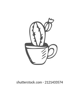 Cute cartoon cactus vector icon. Hand drawn black outline of succulent. Echinopsis in a pot. Doodle of a thorny plant. Cozy illustration with text on a white background. Botanical sketch.