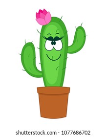 Cute cartoon cactus vector illustration isolated on white background.