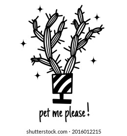Cute cartoon cactus vector illustration. Black outline of an elongated cactus with thorns. Hand-drawn doodle. Botanical sketch. Beautiful succulent plant in a pot. Monochrome. Illustration with text.