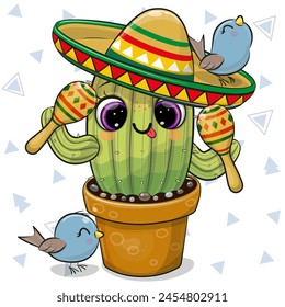 Cute cartoon cactus wearing a sombrero with a maracas