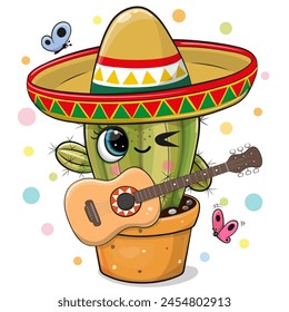 Cute cartoon cactus wearing a sombrero with a guitar