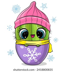 Cute Cartoon Cactus with winter hat and scarf isolated on a white background