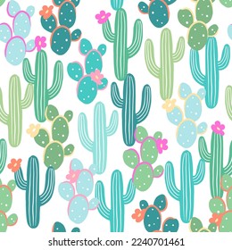 Joli cactus de bande dessinée, motif harmonieux avec illustrations vectorielles dessinées à la main 