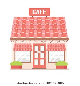 Cute cartoon cafe facade detailed vector illustration.  Coffee shop Isolated on white background. Building exterior 