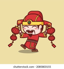 cute cartoon caishen god in chinese new year with lantern. vector illustration for mascot logo or sticker
