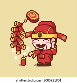 cute cartoon caishen god in chinese new year with firecracker. vector illustration for mascot logo or sticker