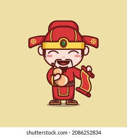 cute cartoon caishen god in chinese new year with gold and gifts. vector illustration for mascot logo or sticker