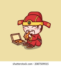 cute cartoon caishen god in chinese new year eating pizza. vector illustration for mascot logo or sticker