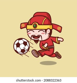 cute cartoon caishen god in chinese new year playing soccer . vector illustration for mascot logo or sticker