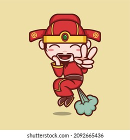 cute cartoon caishen god in chinese new year ejected with fart power. vector illustration for mascot logo or sticker