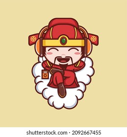 cute cartoon caishen god in chinese new year, relax listening to music. vector illustration for mascot logo or sticker