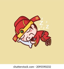 cute cartoon caishen god in chinese new year, asleep on the pillow. vector illustration for mascot logo or sticker